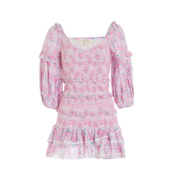LoveShackFancy Ensley Mini Dress in Candy Heart Shirred Waist Ruffle Skirt Small - Picture 2 of 13